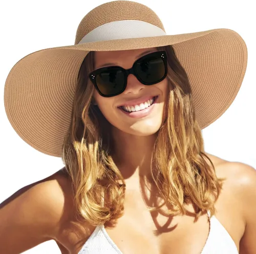Vista 14 de FURTALK Sombrero de paja para mujer, ala ancha, UPF 80, sombrero de verano, plegable, plegable, flexible, para playa Beige