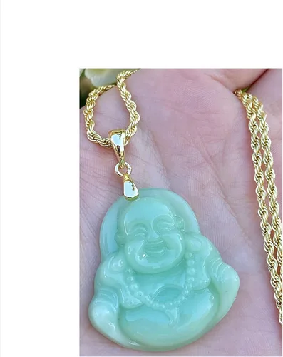 Vista 3 de Collar con colgante de jade verde de Buda sonriente y ríe con cadena de cuerda de jade auténtico certificado de grado A hecho a mano, collar de Buda