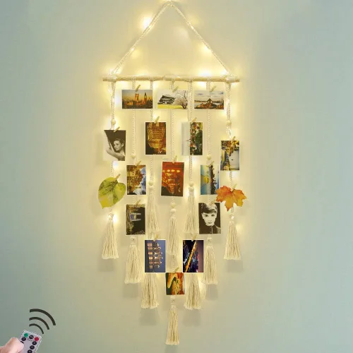 Vista 12 de Homecor Decoración de pared colgante de macramé negro, decoración bohemia para habitación, collage de marcos de fotos con luz remota, 30 clips