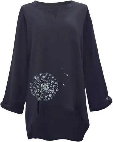Vista 3 de Blusas de talla grande para mujer, con estampado de diente de león, de algodón y lino, transpirable, con cuello en V, informal, túnica