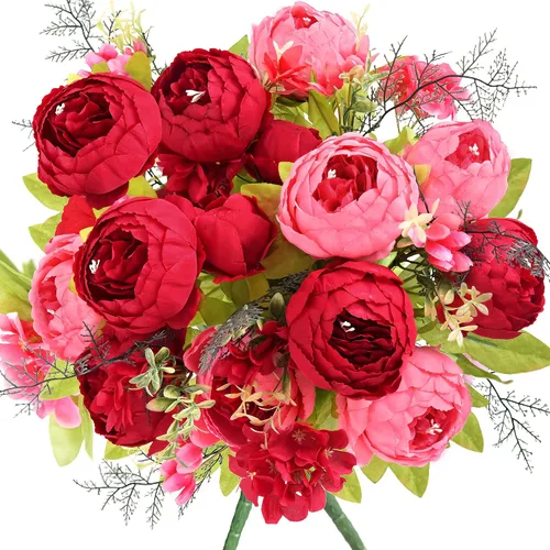 Vista 20 de Ramo de peonías artificiales – Juego de 2 tallos de flores de seda sintética – Ramos listos para el estilo para bodas, decoración del hogar, eventos