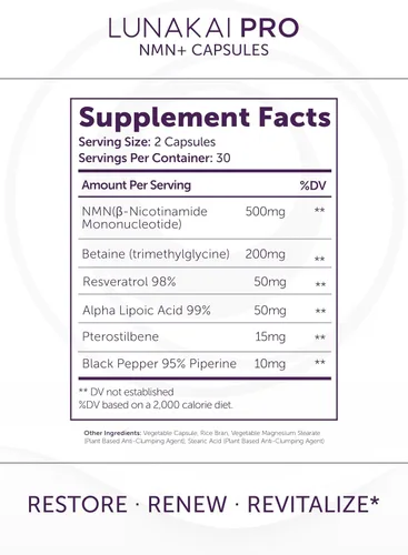 Vista 6 de Lunakai PRO USA Made NMN Suplemento 500mg 6 en 1 con TMG y Resveratrol 98% - NAD+ diario y apoyo energético para un envejecimiento saludable y salud