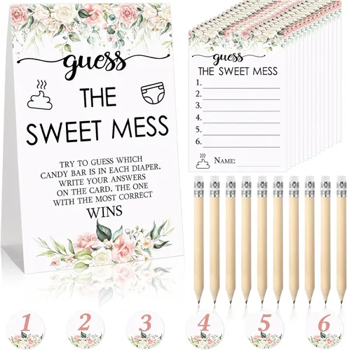 Vista 14 de Juego de 67 piezas de pañales sucios de Guess The Sweet Mess para baby shower, incluye letrero de Adivina el dulce lío, 50 tarjetas pequeñas, 10