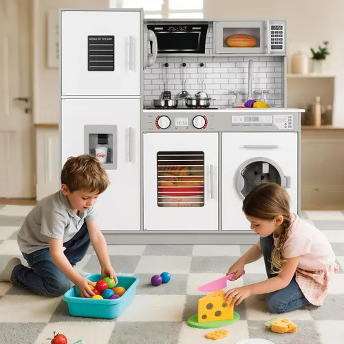 Vista 7 de Arlopu Juego de cocina para niños, juego de juguetes de madera con diseño realista, sonidos de luces, ollas y utensilios para niños y niñas a partir