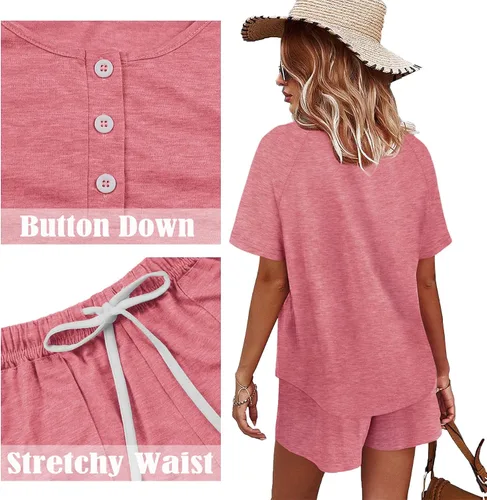 Vista 4 de WIHOLL Conjunto de dos piezas para mujer, conjunto de descanso con botones y pantalones cortos con bolsillos