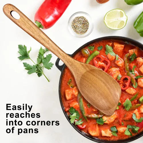 Vista 4 de Cucharas de madera para cocinar espátula no tóxica utensilios de cocina de madera de acacia Best Large Cooking Spoon for Mixing Serving Non Stick