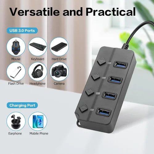Vista 7 de Divisor de concentrador USB de 90 grados YACSEJAO USB 2.0 Hub de datos con botón LED individual interruptor de encendido/apagado DC5.5 x 2.1 puerto