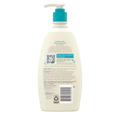 Vista 9 de Aveeno Kids Jabón para Cara y Cuerpo para Piel Sensible, Extracto de Avena, Sin Lágrimas, No Reseca, Aroma Ligero, Dispensador de Bomba