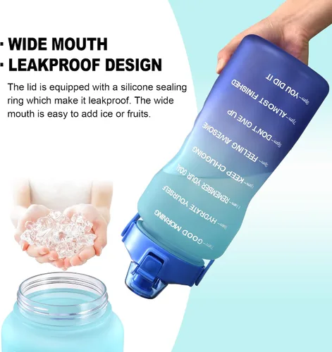 Vista 3 de EYQ Botella de agua potable gratuita sin fugas de 64 oz/128 oz con marcador de tiempo motivacional sin BPA para fitness, gimnasio y deportes al aire