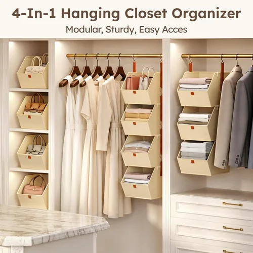 Vista 4 de Homsorout Organizador plegable para armario, sistema de almacenamiento de 3 niveles con ganchos, contenedores de almacenamiento colgantes de tela