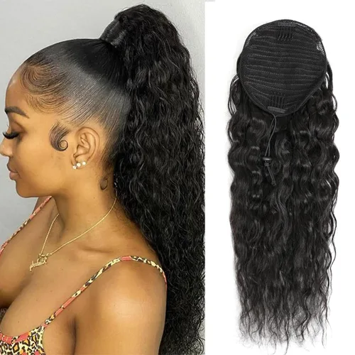 Vista 12 de Cola de caballo de cabello humano rizado con cordón brasileño Remy Extensin 3C Kinky Curly Hair Clip en pieza de pelo color natural sedoso suave 10