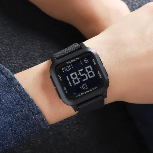 Vista 4 de Reloj digital zolohoni para hombre, relojes de acero inoxidable cuadrados, relojes de pulsera para hombre impermeables de cara grande con hora dual