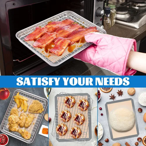 Vista 7 de P&P CHEF Bandeja para horno tostador de 9 x 7 x 1 pulgadas con rejilla y alfombrilla de silicona, bandeja para horno tostador de acero inoxidable