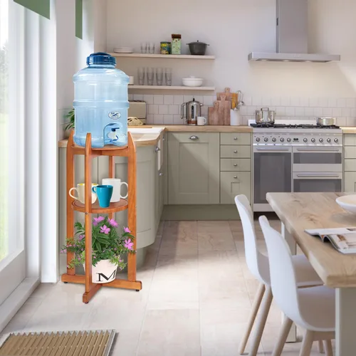 Vista 4 de Dispensador de agua de madera maciza natural (32.8 pulgadas de alto - 11.2 pulgadas de ancho) dispensador de bebidas con 2 estantes redondos