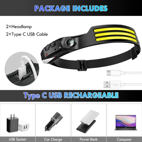 Vista 4 de DAWINSIE Linterna frontal LED recargable (2 unidades), lámpara de cabeza de haz ancho de 230° con sensor de movimiento, linterna impermeable