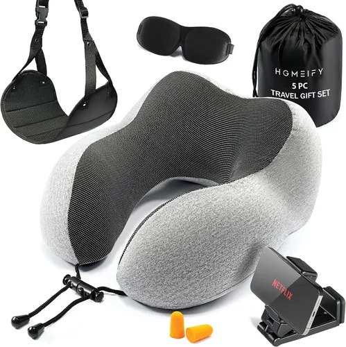 Vista 11 de Homeify Kit de viaje en avión, almohada ajustable para el cuello del avión de espuma viscoelástica con soporte para teléfono, máscara de ojos