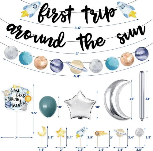 Vista 3 de Decoraciones de cumpleaños de primer viaje alrededor del sol, 58 piezas de espacio exterior, primer viaje alrededor del sol, decoración de pasteles