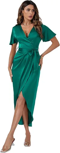 Vista 5 de LYANER Vestido de satén cruzado con cuello en V para mujer, manga corta, fruncido, con lazo en la cintura, dobladillo dividido, vestido midi