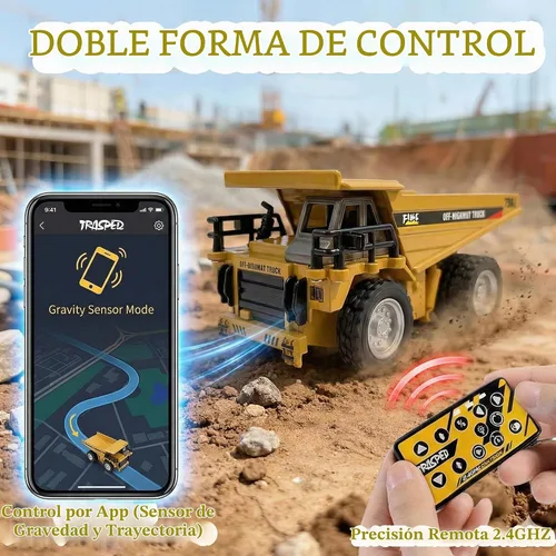Vista 3 de Mini camión volquete RC 1:64, vehículo de construcción de aleación de metal con aplicación y control remoto doble, velocidad variable, luces LED