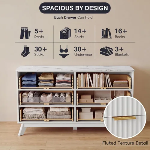 Vista 4 de JUMMICO Cómoda acanalada blanca para dormitorio, 47.2 pulgadas de ancho