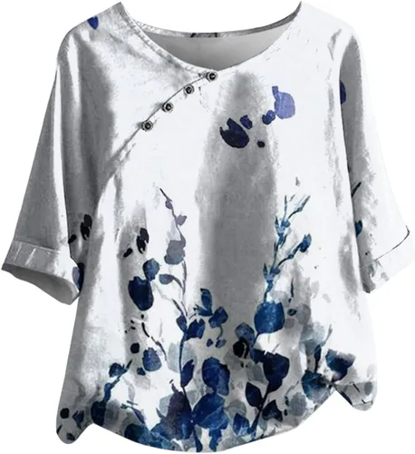 Vista 4 de Camisas de cuello redondo para mujer, camisetas de algodón más túnica con flores, cortas, de verano, de lino, ajuste holgado