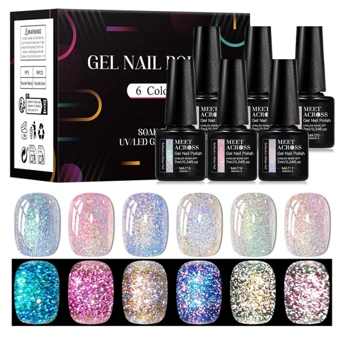 Vista 17 de MEET ACROSS Juego de esmaltes de uñas de gel luminosos de caramelo de 6 colores, esmalte de uñas de gel que brilla en la oscuridad con cepillo