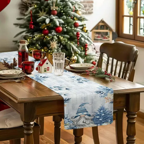 Vista 5 de Camino de mesa de Navidad, algodón y lino, bufandas de tocador de vacaciones de 36 pulgadas, gnomos de eucalipto azul retro, diseño de copos