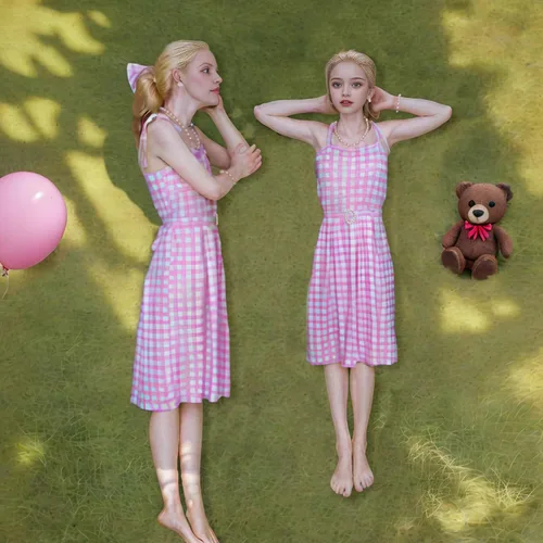 Vista 5 de Vowdicua Vestido rosa para disfraz de película, cosplay, a cuadros, vestidos casuales de verano para mujeres y niños, talla L
