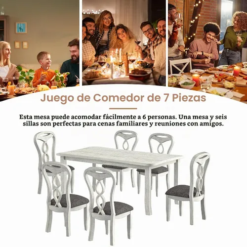 Vista 8 de VECELO Juego de mesa de comedor de madera maciza de 7 piezas con 6 sillas tapizadas, diseño moderno de fácil montaje para cocina y espacios