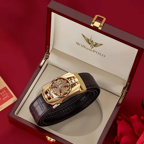 Vista 6 de Cinturón de trinquete para hombre cinturón de cuero con hebilla automática de aleación tendencia a la moda con caja de regalo