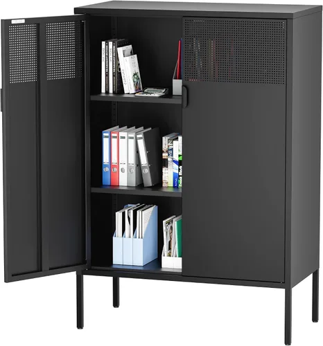 Vista 11 de Gabinete de almacenamiento de metal ancho negro, gabinete de acento de 2 puertas para el hogar y la oficina, gabinete de metal bajo de 2 niveles