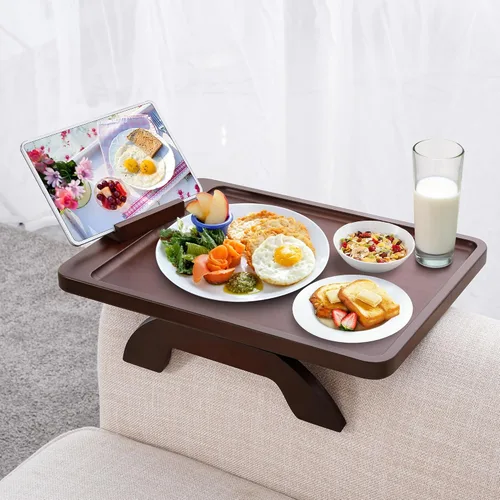 Vista 11 de SINWANT Mesa de Brazo para Sofá, Mesas de Reposabrazos de Sofá de Madera de Acacia, Mesa de Reposabrazos de Sofá con Soporte para Teléfono de 360°