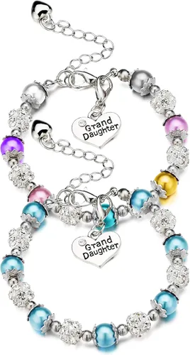 Vista 7 de 2 pulseras para nieta dije de corazón bolas de cristal de diamantes de imitación perlas de imitación regalo de joyería multicolor azul claro Bola