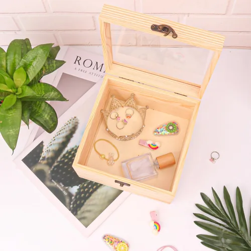 Vista 5 de 4 cajas de madera sin terminar con ventana, caja de madera para manualidades y almacenamiento con tapa superior de plástico, para recuerdos