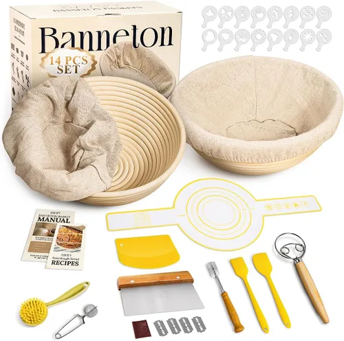 Vista 11 de BAVIFY Kit Inicial para Masa Madre, Juego de Cestas Redondas de 9" y Ovaladas de 10" para Prueba de Pan Banneton, Suministros para Hornear Pan