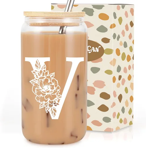 Vista 24 de Taza de Vidrio Inicial Coolife, Regalos Personalizados para Mujeres, Tazas de Vidrio de 16 oz con Tapas y Popotes, Taza para Café Helado, Licuado