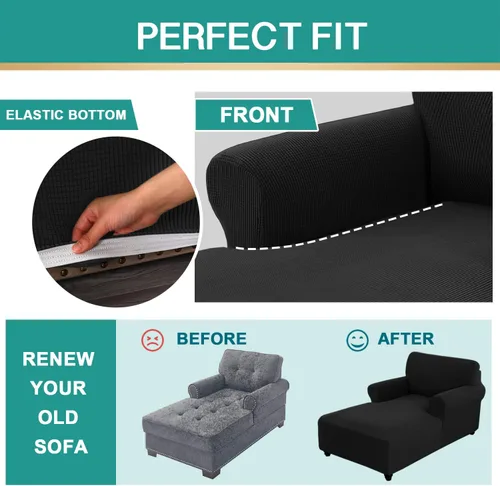 Vista 5 de Protector de muebles de tela jacquard a cuadros pequeños, suave con parte inferior elástica, funda para tumbona con doble brazo (negro, M)