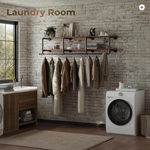 Vista 2 de Perchero para ropa de 72 pulgadas, para montar en la pared, con estante de madera real, perchero colgante resistente, barra para colgar multiusos