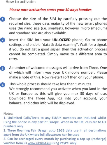 Vista 2 de Three UK Nueva tarjeta prepagada Europa Reino Unido Tres SIM 50GB Datos Un Minutos/Textos durante 30 días con Roaming/USO gratuito en 71 destinos