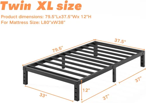 Vista 2 de Base de cama Twin-XL de metal, no necesita sommier, plataforma de 12 pulgadas sin ruido en color negro, de fácil montaje, soporte de láminas