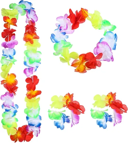 Vista 4 de Juego de 3 faldas de hierba para niños y niñas, falda elástica hawaiana de hierba con flores Leis para Luau Party Costume Set, Multicolorido