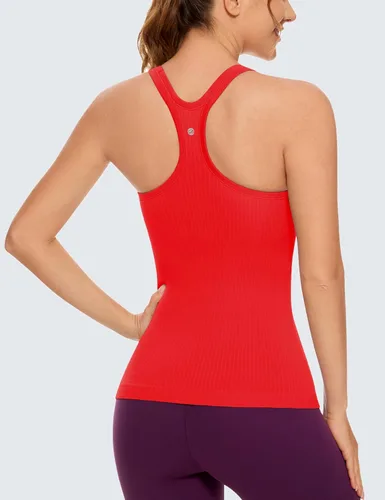 Vista 2 de CRZ YOGA Camiseta sin mangas acanalada sin costuras para mujer con brasier integrado, cuello redondo acolchado, adelgazante, atlética, larga