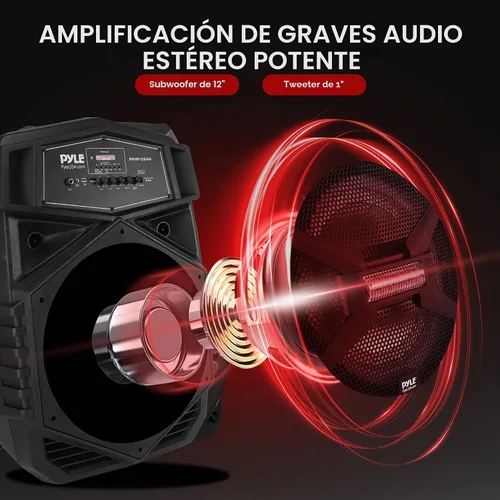 Vista 2 de Pyle Sistema de altavoces Bluetooth portátil de 12 pulgadas, altavoz de karaoke de 1000 W con luces LED, USB/Micro SD/FM/BT/Aux/control