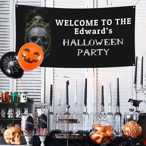 Vista 17 de Cartel personalizado de Feliz Halloween para fiesta, añade tu texto en la pancarta, decoraciones de Halloween personalizadas para interiores