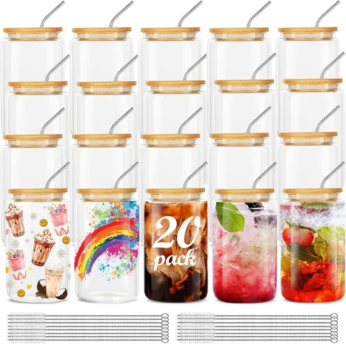 Vista 9 de ASKIZ 16 Vasos de Vidrio con Tapas de Bambú y Pajitas, Taza de Café Helado de 16 Oz, Juego de Vasos para Beber, Botellas de Agua de Vidrio