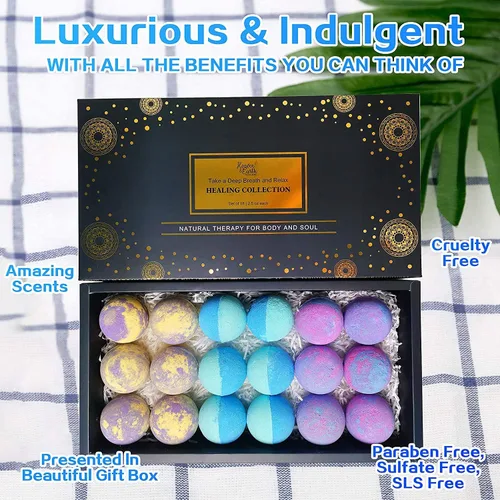 Vista 5 de Juego de bombas de baño de aromaterapia para mujeres y hombres. Caja de regalo de bombas de baño de aceite esencial curativo con 18 bombas de baño