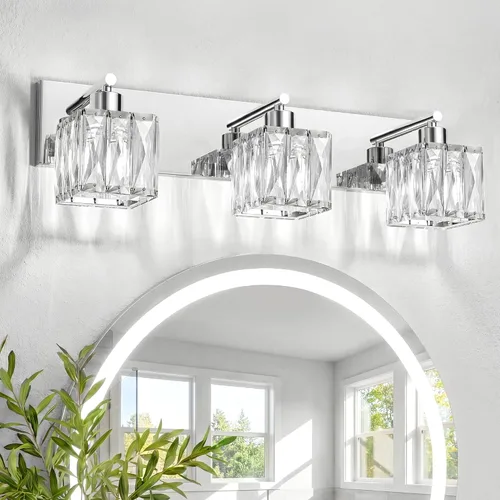 Vista 16 de VOLISUN Luces de Tocador de Cristal - 2 Luces Modernas de Acero Inoxidable para Baño Sobre Espejo, Acabado Cromado - Certificado UL
