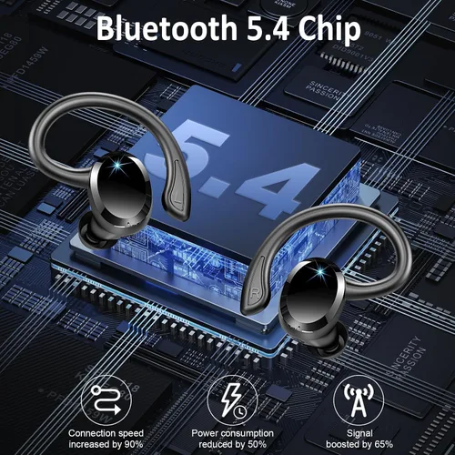 Vista 3 de Auriculares inalámbricos deportivos, Bluetooth 5.4, auriculares 3D Bass Hi-Fi estéreo sobre la oreja, auriculares con cancelación de ruido ENC de 60