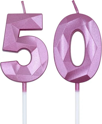 Vista 10 de Velas de cumpleaños número 50 para pastel, velas doradas con forma de diamante 3D con forma de diamante, decoraciones de cumpleaños, suministros