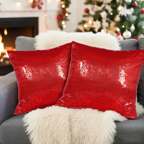 Vista 6 de Poise3EHome - Juego de 2 fundas de almohada de lentejuelas rojas, 18 x 18 Rojo